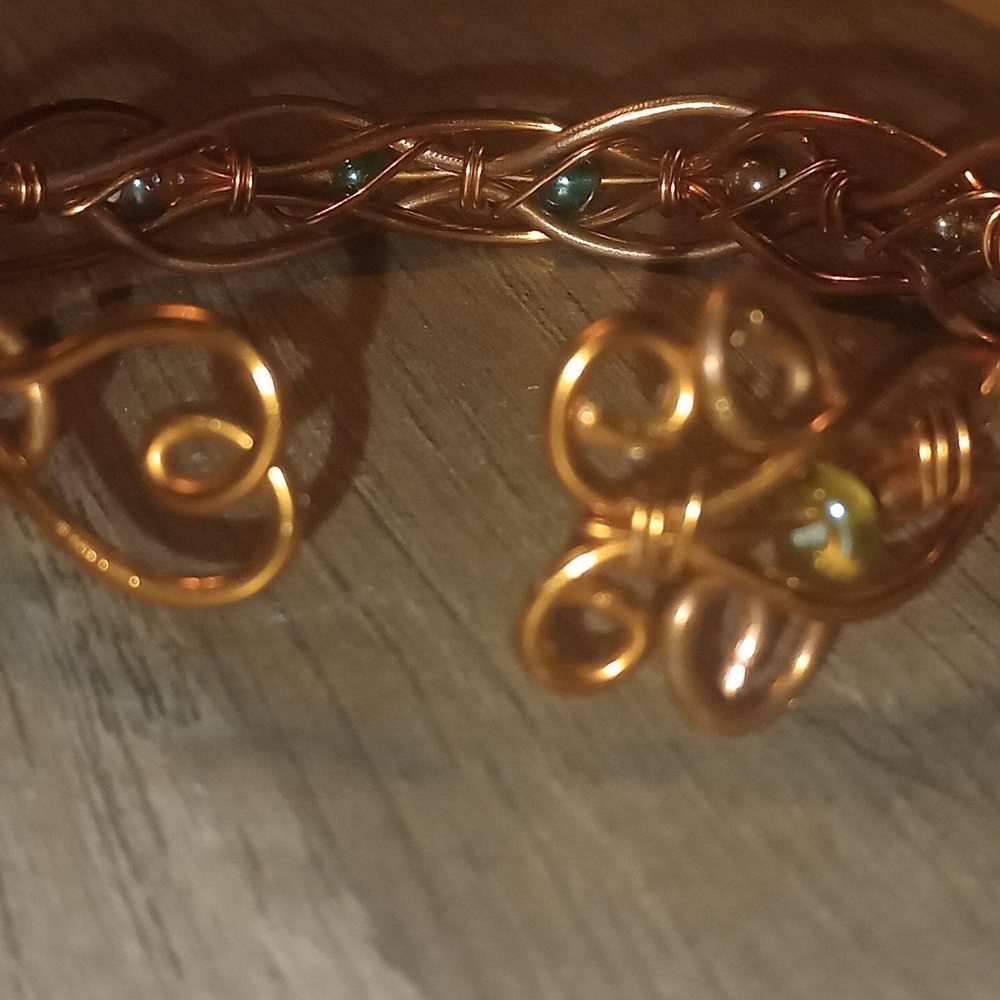 Artisan Copper Wire Cuff Bracelet with Green Accent Beads